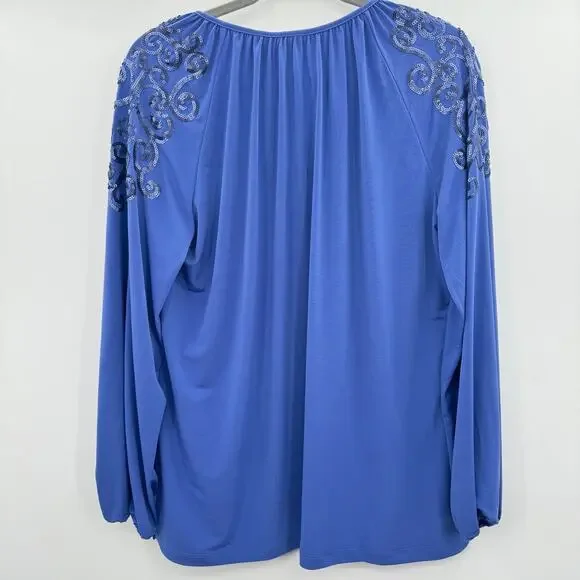 Susan Graver Artisan Liquid Knit Beaded Top Sz L Periwinkle Blue Relaxed Boho - Picture 2 of 13